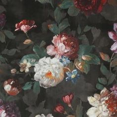 a bunch of flowers that are on a black background with red, white and blue flowers