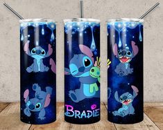 three tumbles with stitch and stitch characters on them