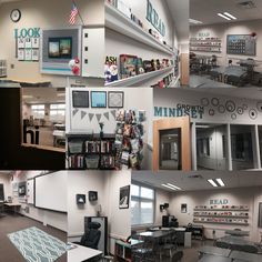 multiple pictures of the inside of a school with desks, chairs and bookshelves