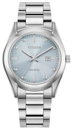 When sporty style meets luxury, you get this latest stunner from Citizen. Joining ready-for-anything wearability with feminine elegance, this time-and-date timepiece is the ultimate day-to-evening watch to wear. The silver-tone stainless steel case measures 33mm in diameter and is presented on a silver-tone, 3-link stainless steel bracelet for a sleek, versatile wear on the wrist. The radiant blue dial is characterized by its highly legible style and diamond accents, elevating the sporty wearer Diamond Watches Women, Eco Drive Watches, Feminine Elegance, Citizen Watch, Citizen Eco, Luxury Diamonds, Eco Drive, Luxury Timepieces, Women's Watch