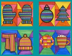 four different colored paintings with shapes and lines in the shape of mugs, snowman, christmas tree, mittens