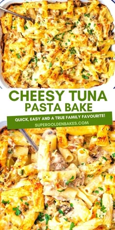 cheesy tuna pasta bake in a casserole dish with text overlay