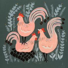 three hens are standing on top of a piece of black and white art work