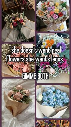 there are many different pictures of flowers in the same photo, and one is saying she doesn't want real flowers she wants legos gimme both