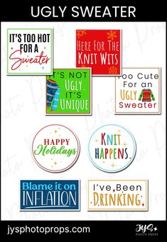 the ugly sweater stickers are all in different colors and sizes, including red, green,