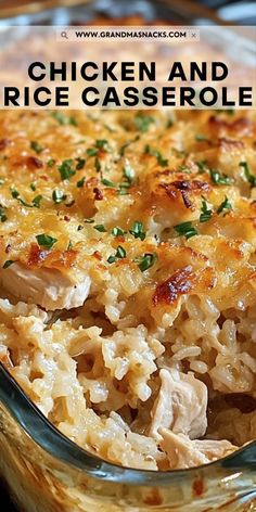 chicken and rice casserole in a glass dish