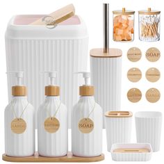 the soap dispenser is white and has wooden accents on it, along with other accessories