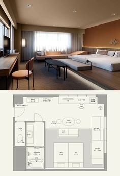 the floor plan for a hotel room is shown in two separate sections, with one bed and