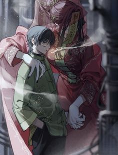 an anime scene with two people hugging each other