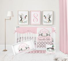 Made just for your baby girl, you're going to LOVE this pink custom mallard duck crib bedding set! Perfect for any baby girl crib bedding, personalize this pink mallard duck hunting crib bedding set with your baby's name and monogrammed initials on these personalized mallard duck baby bedding pieces for a gorgeous addition to your baby girl duck hunting nursery or pink mallard duck nursery! ♥ CRIB BEDDING SETS - OPTIONS ~ 2 PIECE SET: Baby girl crib sheet of your choice Personalized mallard duck Duck Themed Nursery, Mallard Duck Nursery, Hunting Nursery Decor, Duck Hunting Nursery, Vintage Floral Nursery, Baby Girl Crib Sheets, Hunting Nursery, Baby Girl Crib Bedding Sets, Floral Nursery Art