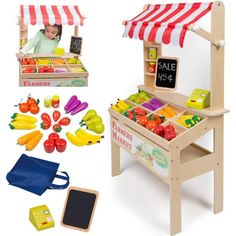 a child's wooden pretend food stand with vegetables and fruits