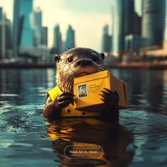 an otter holding a box in the water