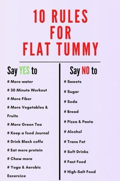 Want a flat tummy? Follow these 10 simple rules to achieve your goals! Discover what to say YES and NO to for a healthier, flatter stomach. From drinking more water and green tea to cutting out sweets and processed foods, these easy lifestyle changes can make a huge difference. Perfect for anyone on a weight loss journey!   #FlatTummy #HealthyHabits #WeightLossTips #HealthyLifestyle Flat Tummy Foods, Flat Tummy Tips, Flat Tummy Workout, Better Diet, Flatter Tummy, Flatter Stomach, Tummy Workout, Belly Fat Diet, Flat Tummy