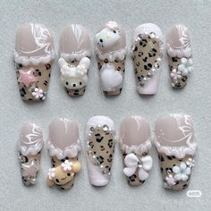 Hello Kitty Nails Art, Kawaii Nail Art, Asian Nails, Hello Kitty Nails, Leopard Nails, Long Acrylic, Nails Only