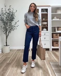 Mix and Match Teacher Outfit Ideas - Merrick's Art Navy Blue Slacks Outfit Women, Blue Pants Work Outfit Women, Navy Blue Pants Outfit, Blue Trousers Outfit, Navy Pants Outfit, Blue Pants Outfit, Job Outfits, Pant Outfits For Women, Slacks Outfit