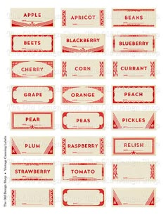 some red and white labels for different types of candy bars, including apples, grapes, cranberry, pears, peaches