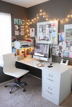 a home office with lights strung over the desk and computer on top of it, in front of a window that reads 4 things to take care of before summer vacation