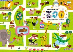 a map with animals and other things on it, including the words happy day in english