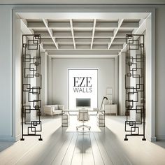 an office with white walls and wood flooring is featured in this image, it appears to be the eze wall's logo