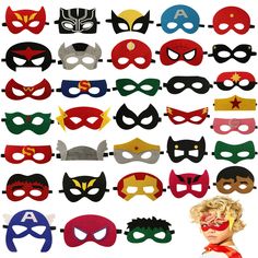 a bunch of masks that are on top of each other in different colors and shapes