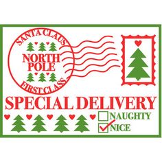 a postage stamp with the words special delivery and christmas tree stamps in red, green and white