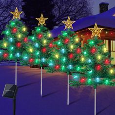 three christmas trees are decorated with lights in front of a house on a snowy night