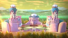 a pink castle with two towers in front of trees