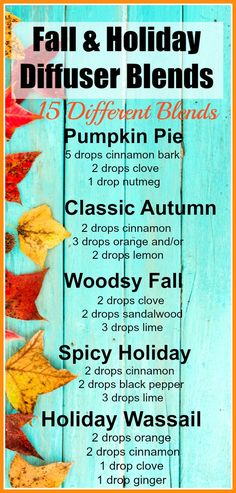 15 Fall Diffuser Blends - Make your home smell delicious with the Best Fall & Holiday Diffuser Blends. Spicy warm smells, essential oils, fall scents, Christmas Diffuser Blends, Autumn scents, #EssentialOils #Fall Holiday Diffuser Blends, Autumn Scents, Christmas Diffuser Blends, Home Smell