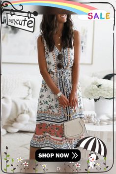 Floral Print V-neck Sleeveless Self-tie Midi Dress Summer Midi V-neck Dress With Tie Waist, Casual V-neck Dress With Tie Back, Bohemian V-neck Sleeveless Dress For Day Out, Chic Sleeveless Floral Print V-neck Dress, Summer V-neck Sleeveless Dress With Tie Back, Chic Sleeveless V-neck Dress With Floral Print, V-neck Midi Dress With Tie Straps For Vacation, Bohemian Midi Dress With Tie Waist And V-neck, Bohemian Sleeveless Dress For Spring Day Out