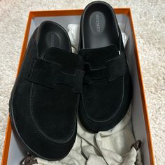 Brand New Hermes Go Mule Noir Suede Size 37.5 Comes In Original Box With Dust Bag Hermes Mules, Parisian Outfits, Shoe Wishlist, Hermes Shoes, Leather Clogs, Loafer Mules, Leather Mules, Stylish Shoes, Black Rubber