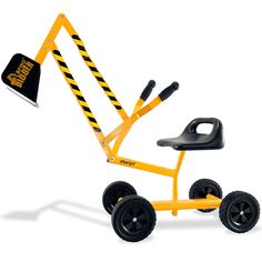 a yellow children's tricycle with black wheels and a shovel on the back