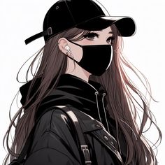 a girl with long hair wearing a black hat and face mask to protect herself from the sun