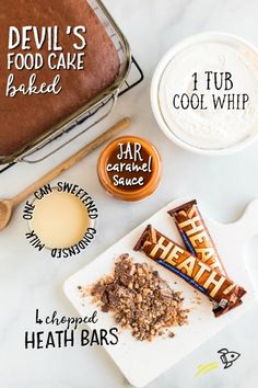 ingredients to make devil's food cake laid out on a white counter top with text overlay