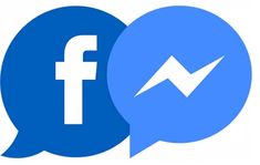 two blue speech bubbles with the facebook logo on them and one has an arrow in it