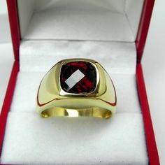 AAAA Red Almandine Garnet   9x9mm  3.44 Carats   Heavy 14K Yellow gold Cushion cut GENTS 20 gram rin Gold Ruby Signet Ring With Polished Finish, Modern Gold Ruby Ring As Gift, Modern Gold Ruby Ring For Gift, Formal Gold Rings With Garnet, Formal Gold Garnet Rings, Modern Gold Ruby Ring For Anniversary, Gold Ruby Signet Ring For Formal Occasions, Polished Garnet Gold Jewelry, Gold Faceted Ruby Ring