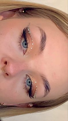 Makeup Look Rhinestones, Glam Rave Outfit, Bejeweled Eye Look, Rave Eye Makeup Rhinestones, Prom Hair Styles With Gems, Boho Prom Makeup, Sequence Eye Makeup, Pretty Nails Simple Classy Almond, Makeup Looks For Eras Tour