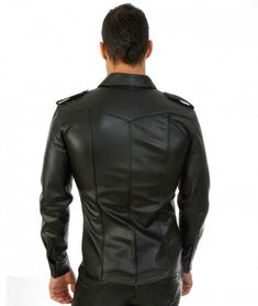 leather shirt back Fitted Leather Long Sleeve Tops, Fitted Long Sleeve Leather Top, Leather Jacket Jeans Outfit, Leather Shirt Outfit, Leather Shirts, Mens Leather Shirt, Embroidered Denim Shirt, Police Shirts, Be A Man