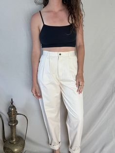 Incredibly high waist vintage trousers in an ivory color 100% cotton Chic Cotton Chinos For Spring, Chic Spring Cotton Chinos, Chic Fitted Cotton Chinos, Chic Summer Cotton Chinos, Chic Cotton Tapered Leg Bottoms, Chic Cotton Bottoms With Tapered Leg, Trendy Cotton Chinos Trousers, Trendy Cotton Chinos, High-waist Cotton Chinos For Summer