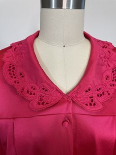 "This is a vintage Vanity Fair Nightgown. It is a bright pink, short sleeved nightgown in a nylon fabric. It has short sleeves and buttons up the front and features a cutaway nylon collar and pleats down the front. It is in excellent vintage condition. Size: medium Bust: 40\" Hips: 50\" Length: 40\"" Pink Summer Sleepwear With Button Closure, Pink Short Sleeve Nightgown For Spring, Pink Button Closure Sleepwear For Spring, Feminine Pink Short Sleeve Nightgown, Spring Pink Sleepwear With Button Closure, Pink Sleepwear With Button Closure For Spring, Pink Short Sleeve Sleepwear With Lace Trim, Peignoir Sets, Women's Nightgowns