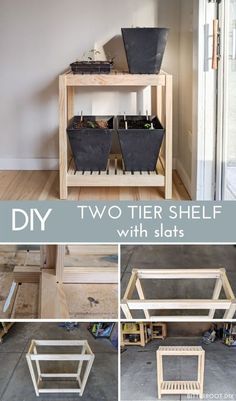 the diy two tier shelf with slats is made from wood and has plants in it