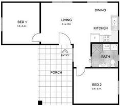 the floor plan for a two bedroom apartment with an attached kitchen and living room area