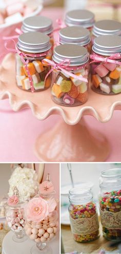 there are many jars with candies in them on the table and one is filled with candy