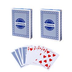 the canasta playing cards are blue and have red hearts on them, along with four matching decks