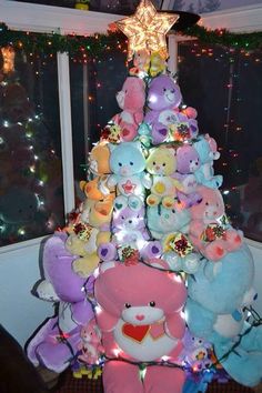 a christmas tree made out of stuffed animals