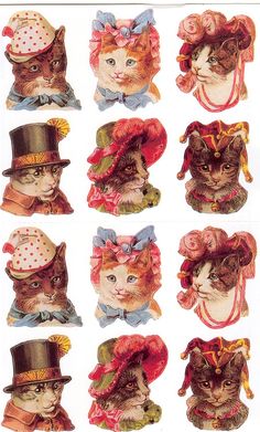 many different pictures of cats with hats and bow ties on their heads, all in different colors