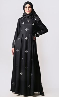 Elegant Black Mirror Work Detailing Abaya Black Sequin Dress For Eid, Eid Evening Dresses With Mirror Work, Black Embellished Dress For Eid, Embellished Black Dress For Eid, Embellished Floor-length Black Abaya, Embellished Black Floor-length Abaya, Black Embellished Floor-length Abaya, Embellished Fitted Maxi Abaya, Embellished Fitted Maxi Length Abaya