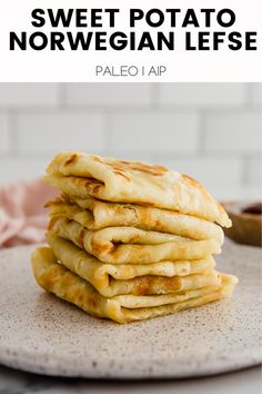 a stack of pancakes sitting on top of a plate with text overlay that reads, sweet potato norwegian lees