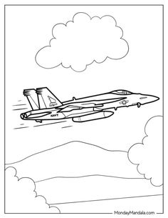 an airplane flying through the sky with clouds in the background coloring page for kids and adults