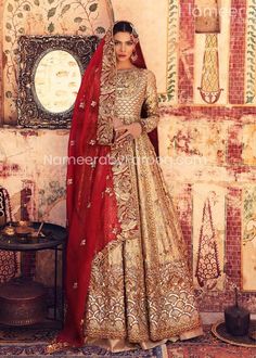 Buy Designer Embroidered Pakistani Bridal Dresses Embellished in Golden and Red Brocade Panel Frock with Embroidered Entire Ghair Paired with Red Dupatta Pakistani Bridal Couture, Pakistan Bridal, Nomi Ansari, Pakistani Lehenga, Red Lehenga Choli, Red Bridal Dress, Latest Bridal Dresses, Stylish Wedding Dresses, Lehenga Online