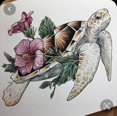 a drawing of a turtle with flowers on it's back